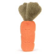 Carrot-shaped plush toy with furry top on a white background