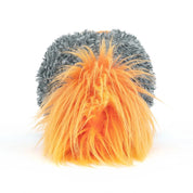 Gray and orange fluffy plush space comet toy on a white background