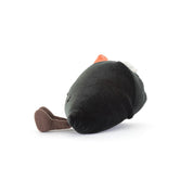 side view of Plush jellycat toy shaped like a sushi roll with black exterior, pink and green fillings on a white background