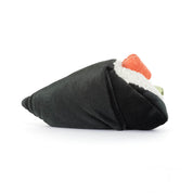 back view of Plush jellycat toy shaped like a sushi roll with black exterior, pink and green fillings on a white background