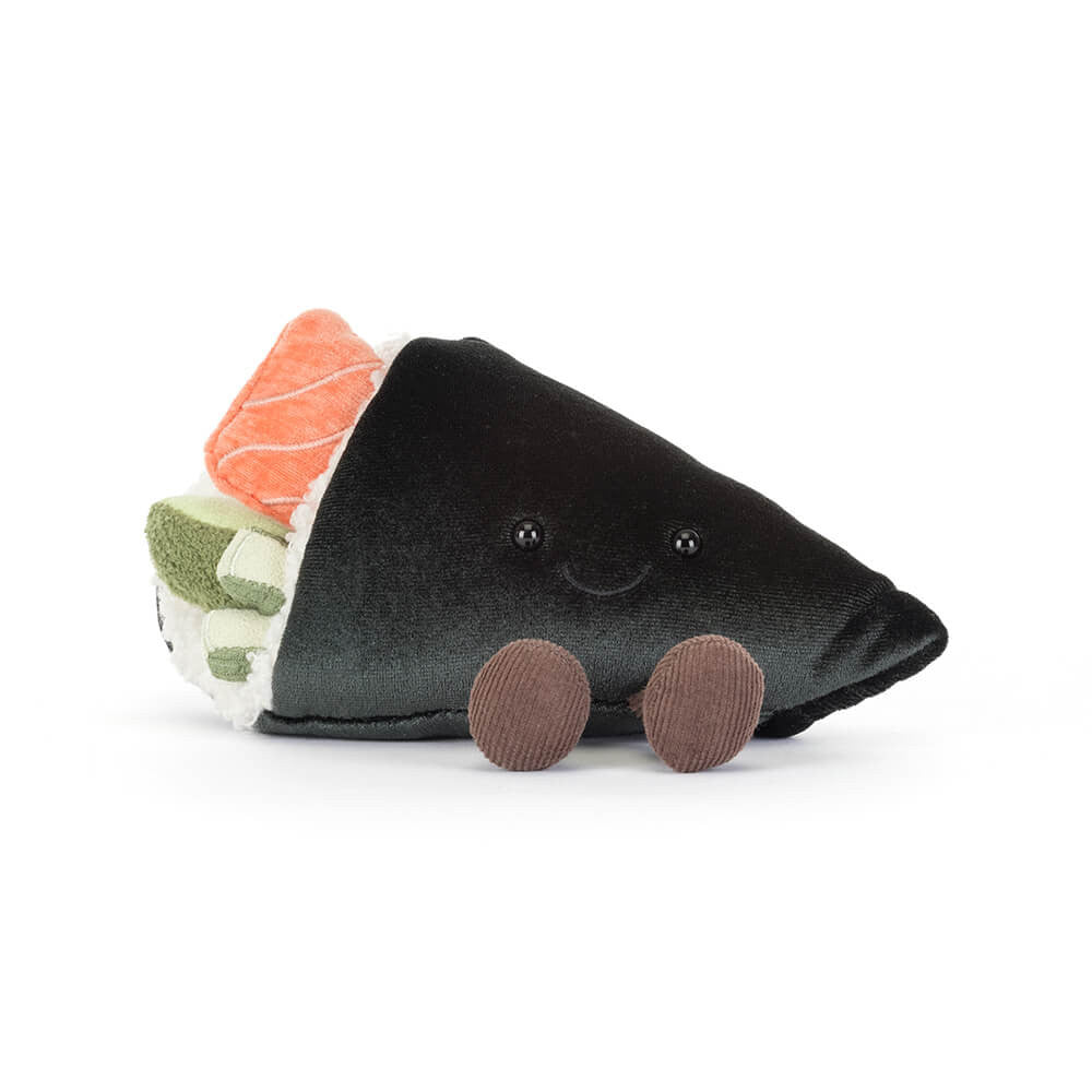 Plush jellycat toy shaped like a sushi roll with black exterior, pink and green fillings on a white background