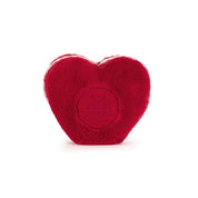 Red heart-shaped macaron plush back view with a logo on a white background