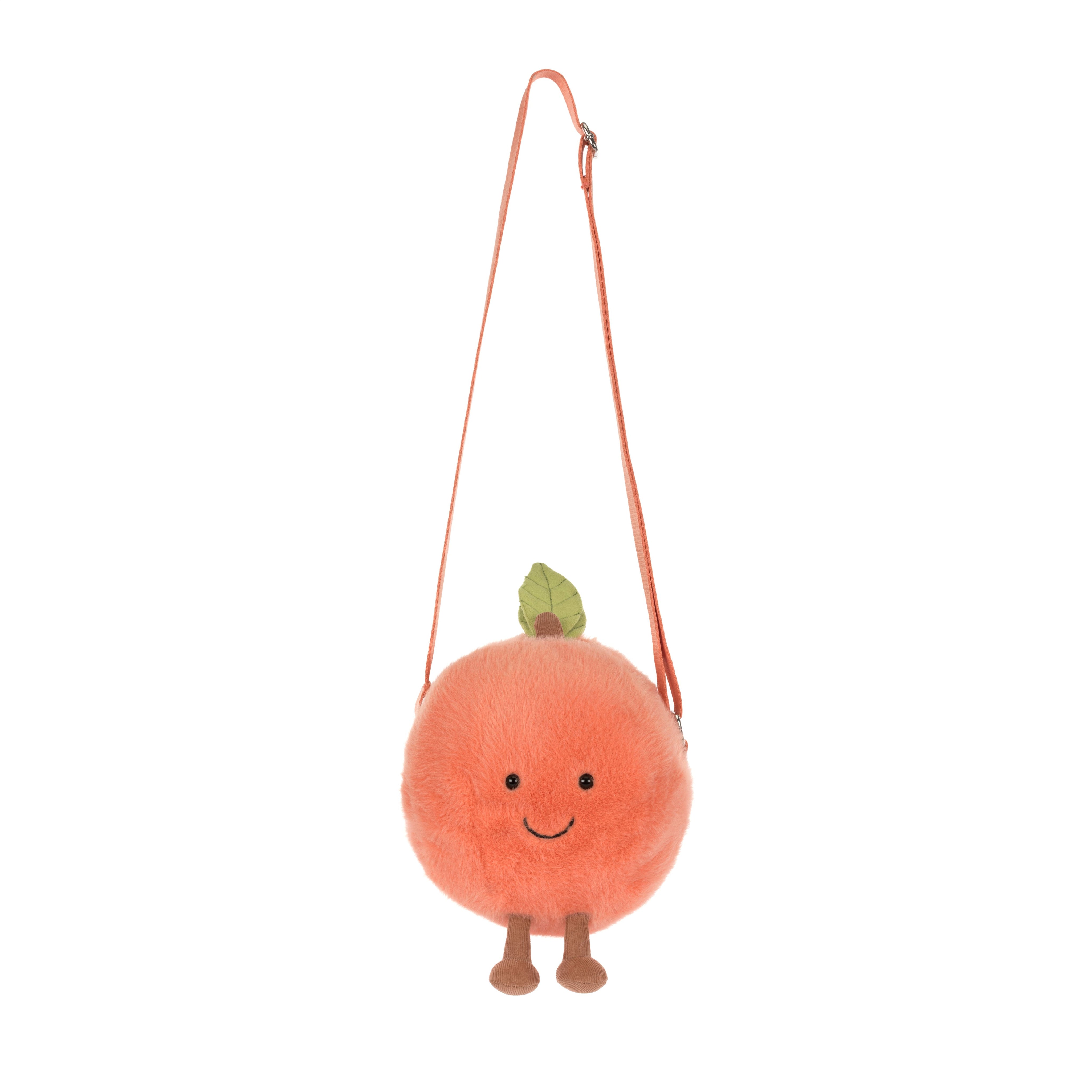 Plush peach-shaped bag with a strap on a white background