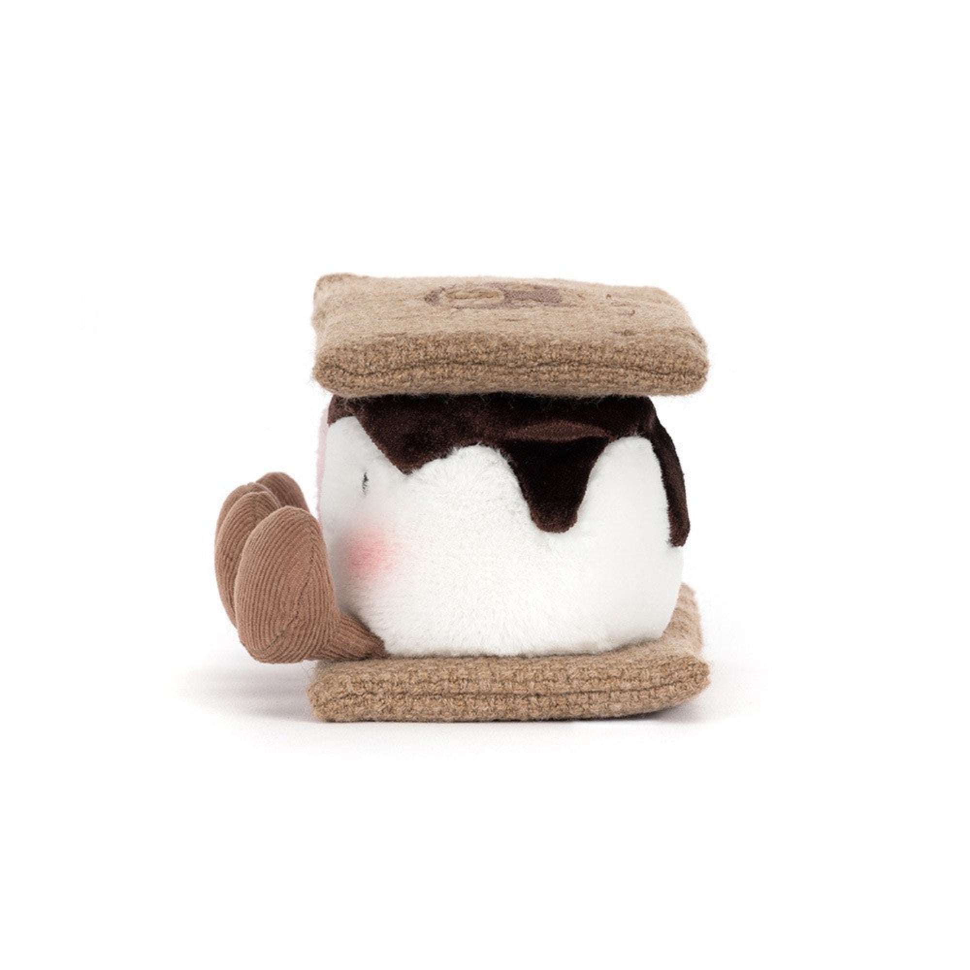 side view of jellycat plush toy s'mores marshmallows with graham cracker top and bottom with chocolate on white background
