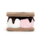 back view of jellycat plush toy s'mores marshmallows with graham cracker top and bottom with chocolate on white background
