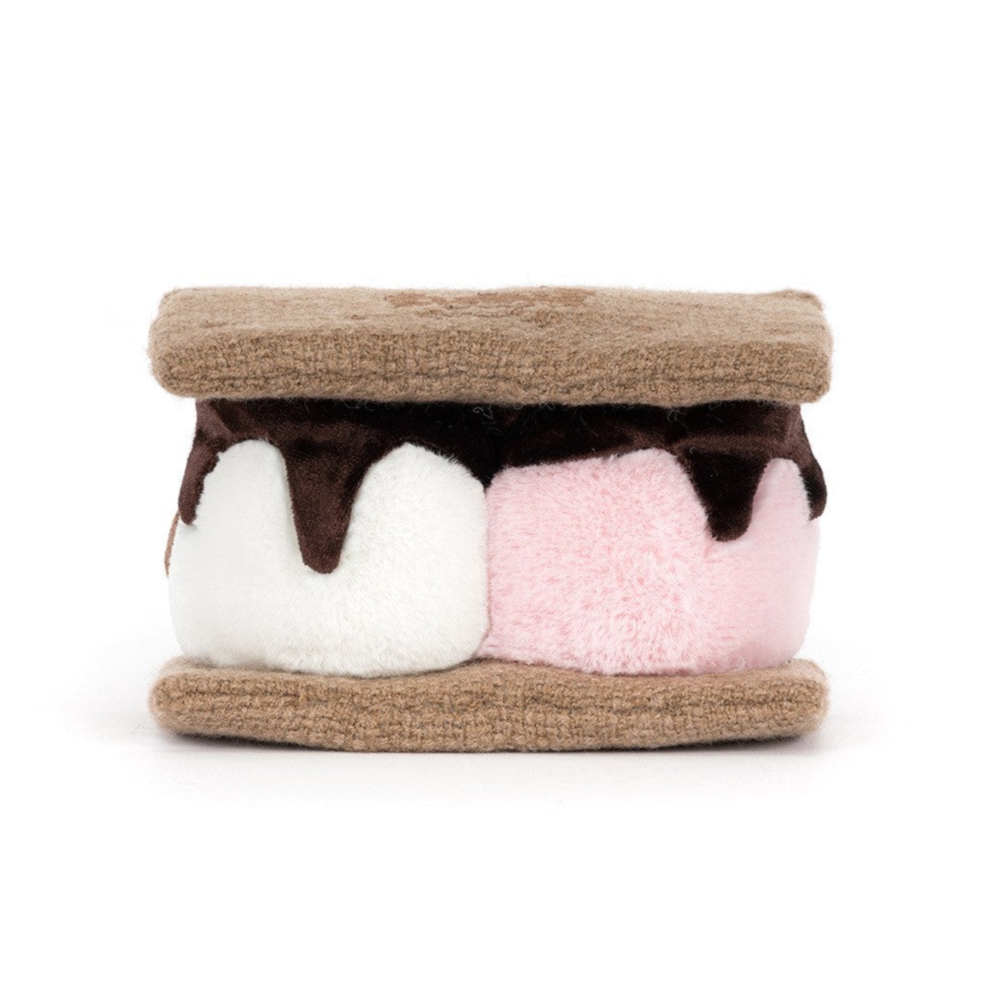 back view of jellycat plush toy s'mores marshmallows with graham cracker top and bottom with chocolate on white background
