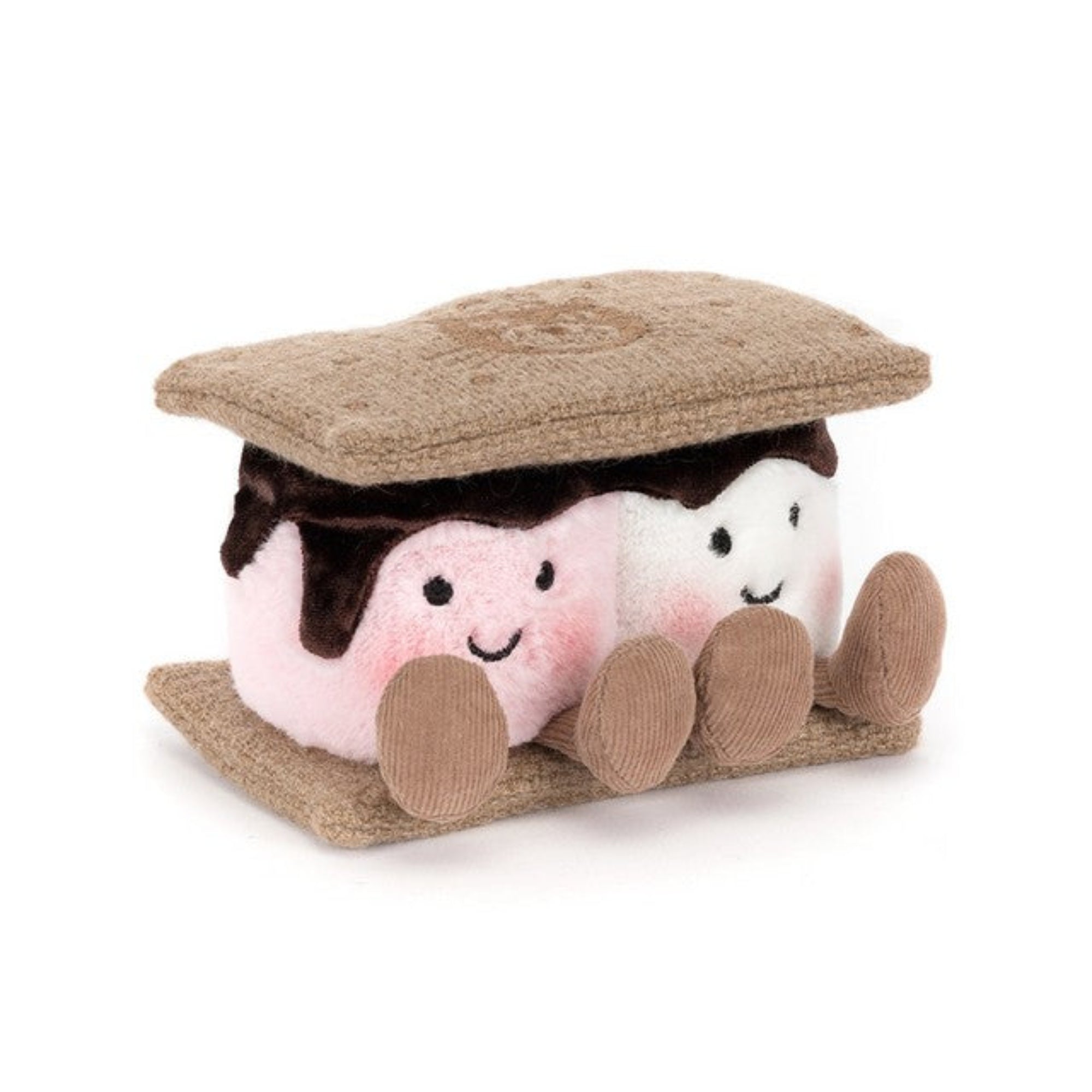 jellycat plush toy s'mores marshmallows with graham cracker top and bottom with chocolate on white background

