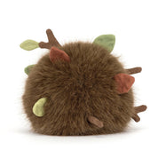 back view of jellycat forest floor with fuzzy fur and leaves and sticks and cute face and legs on white background
