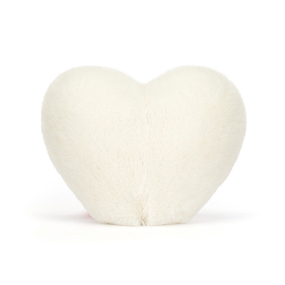 back view of heart shaped boiled egg plush toy on white background