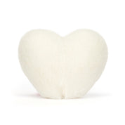 back view of heart shaped boiled egg plush toy on white background