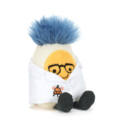 plush toy boiled egg dressed in scientist lab coat outfit with black rim glasses and fluffy blue hair in a while background