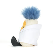 side view of plush boiled egg toy with blue hair, white lab coat and black boots on white background