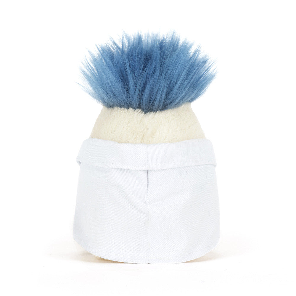 back view of plush toy with blue hair and white lab coat on white background 