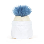 back view of plush toy with blue hair and white lab coat on white background 