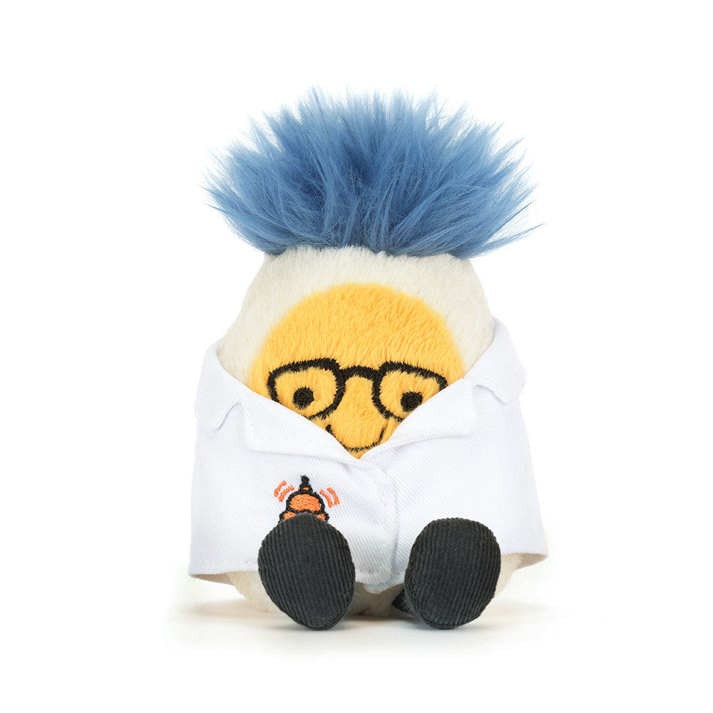 plush toy boiled egg dressed in scientist lab coat outfit with black rim glasses and fluffy blue hair in a while background