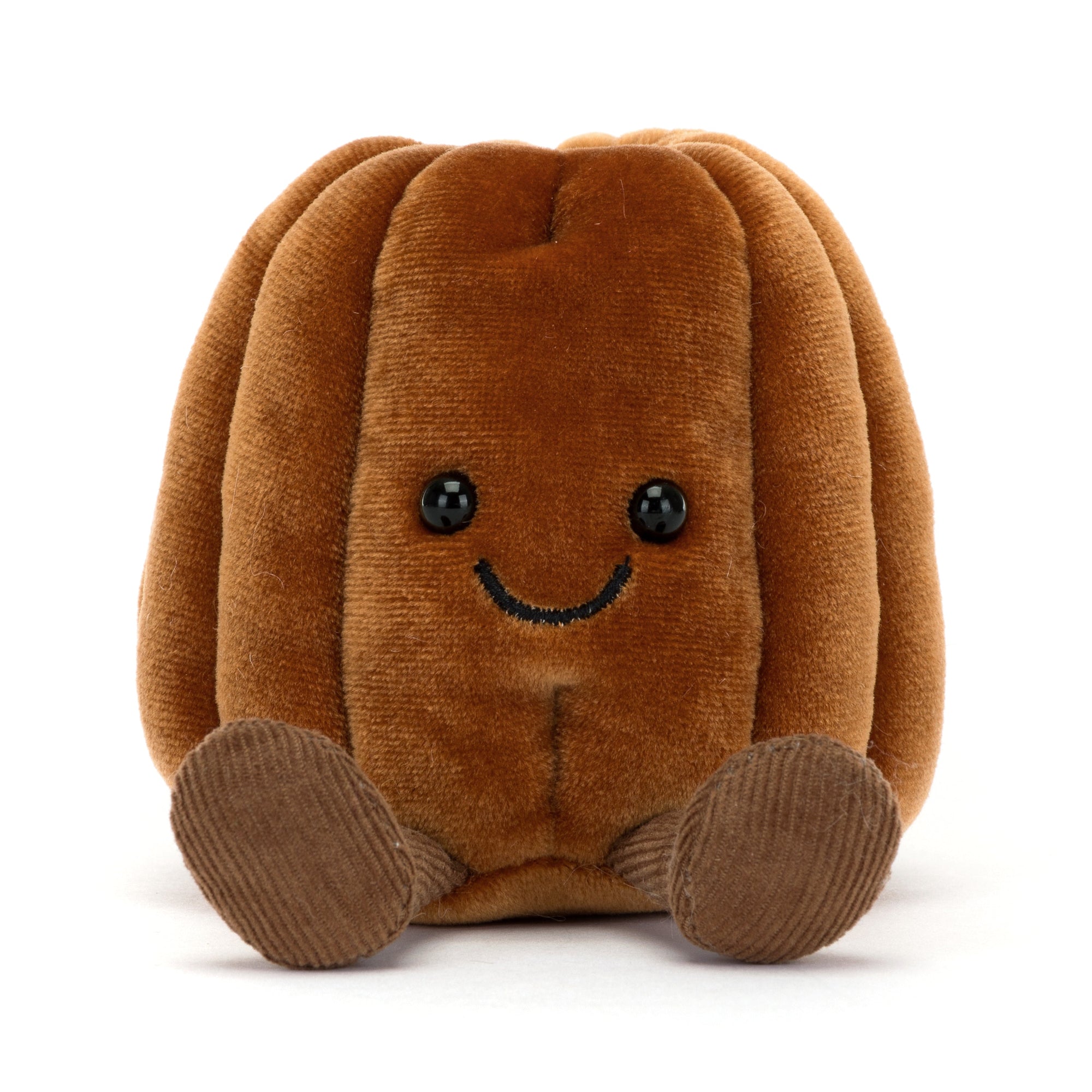 Brown plush pastry toy with a smiley face on a white background