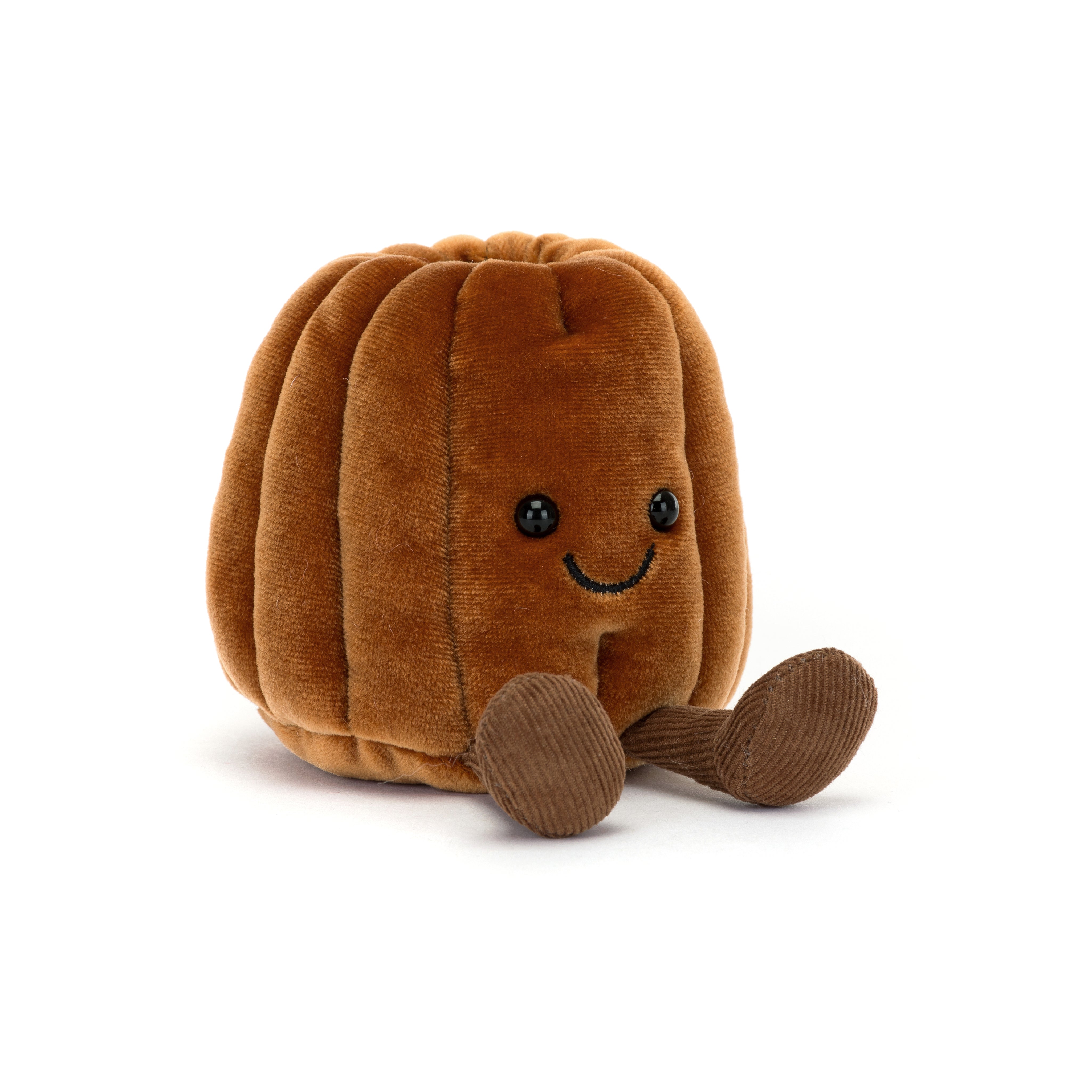 Brown plush pastry toy with a smiling face on a white background
