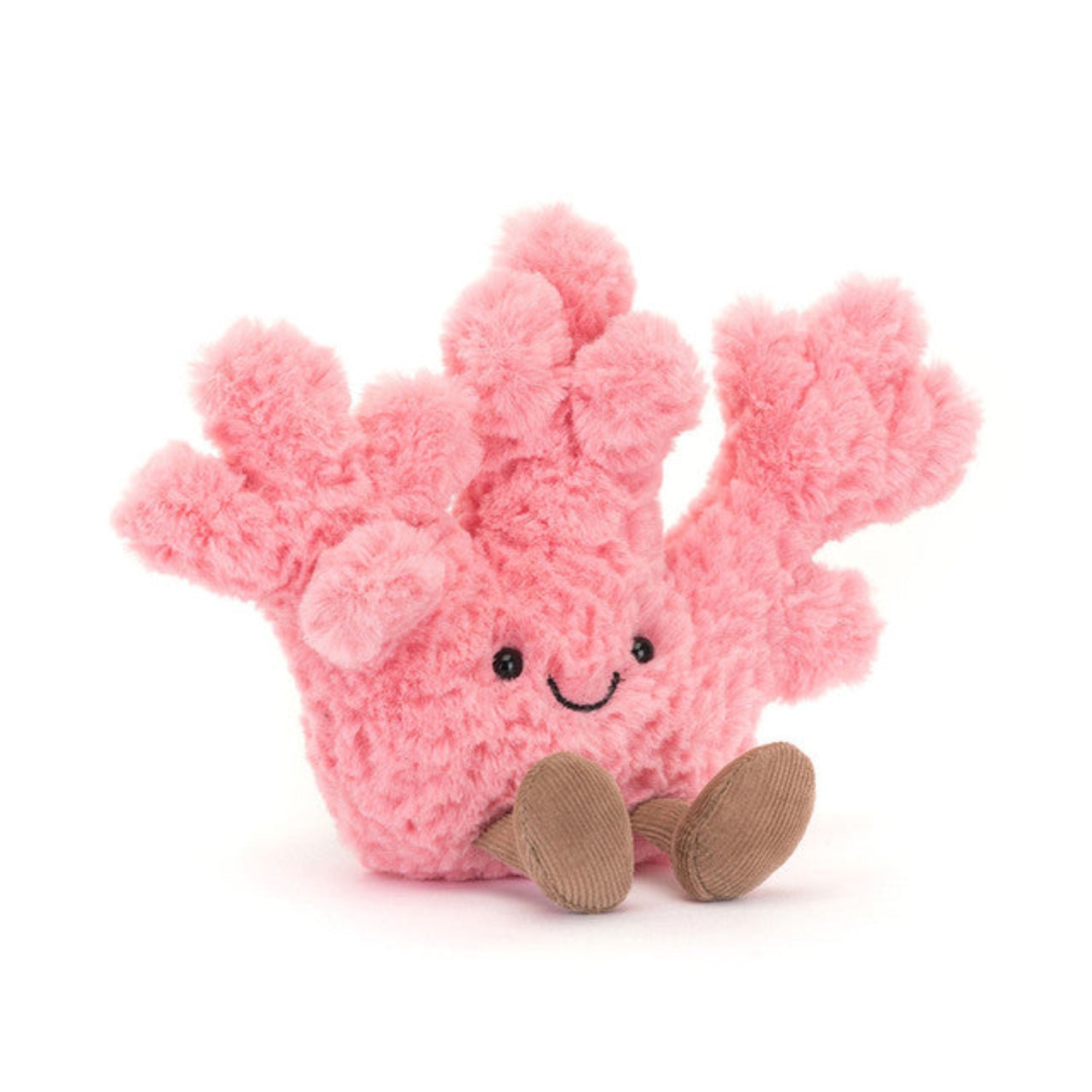 Pink jellycat plush coral toy with a smiling face on a white background