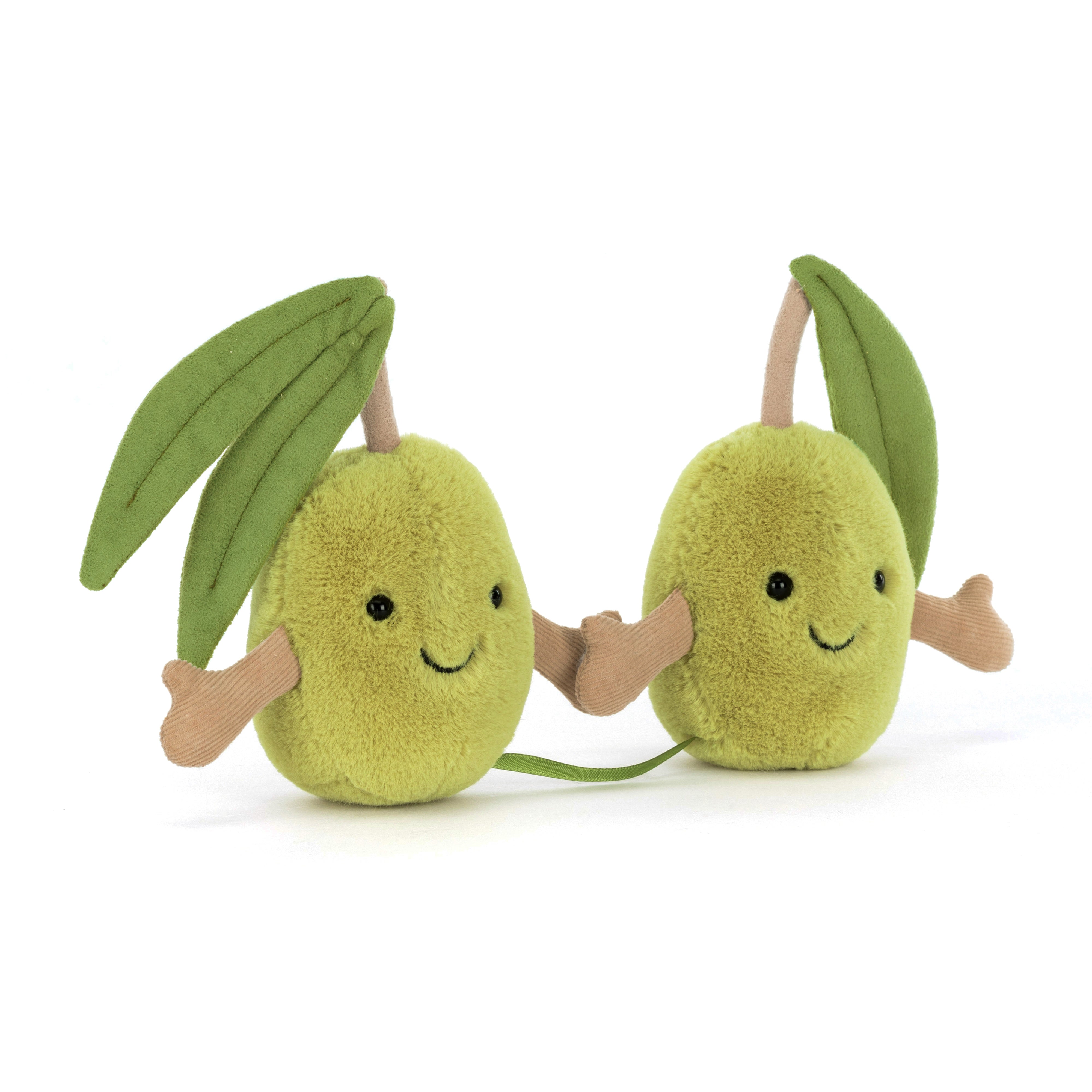 plush toy pair of green olives holding hands with smiling faces and leafy tops on white background