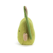 side view of green olives plush toy on white background