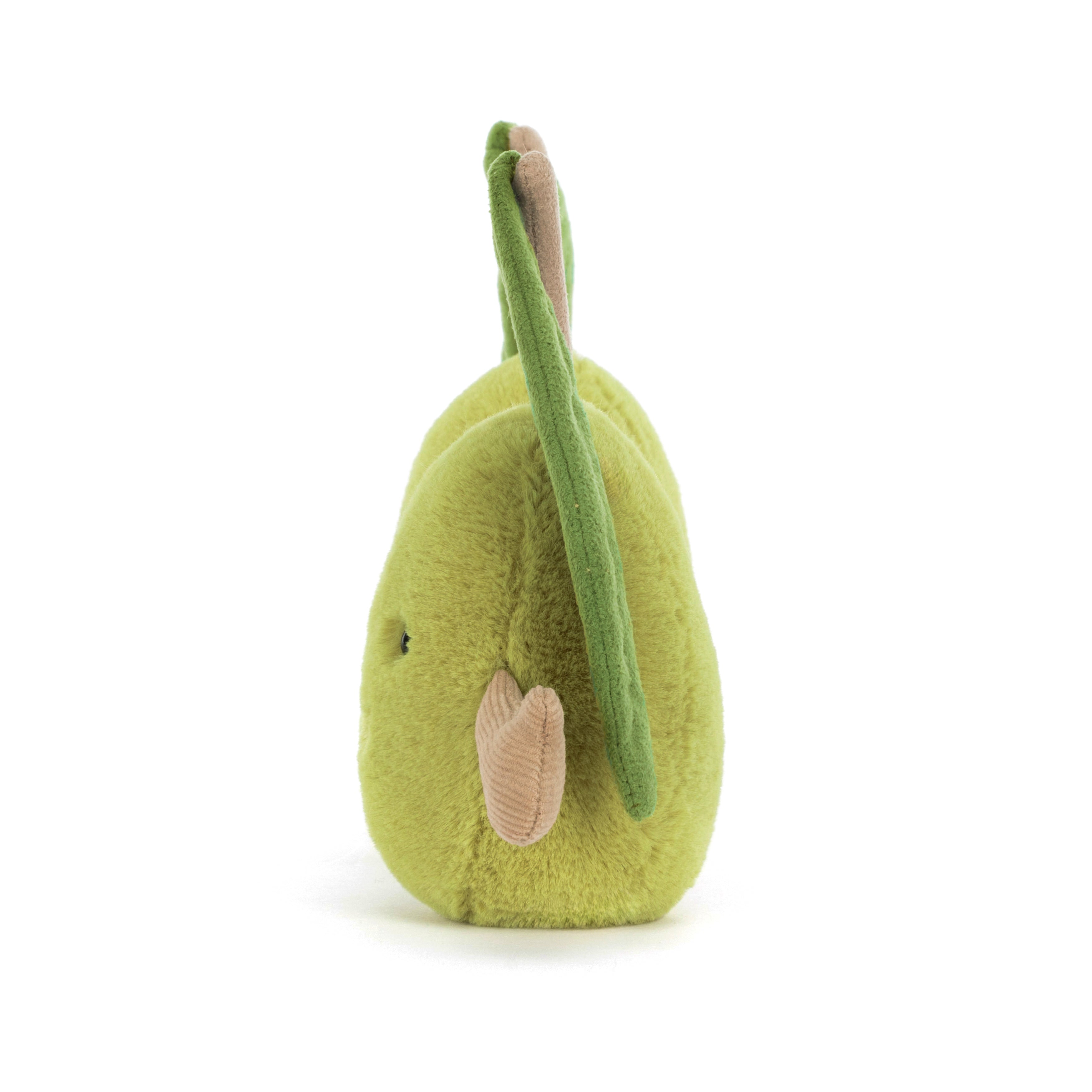 side view of green olives plush toy on white background