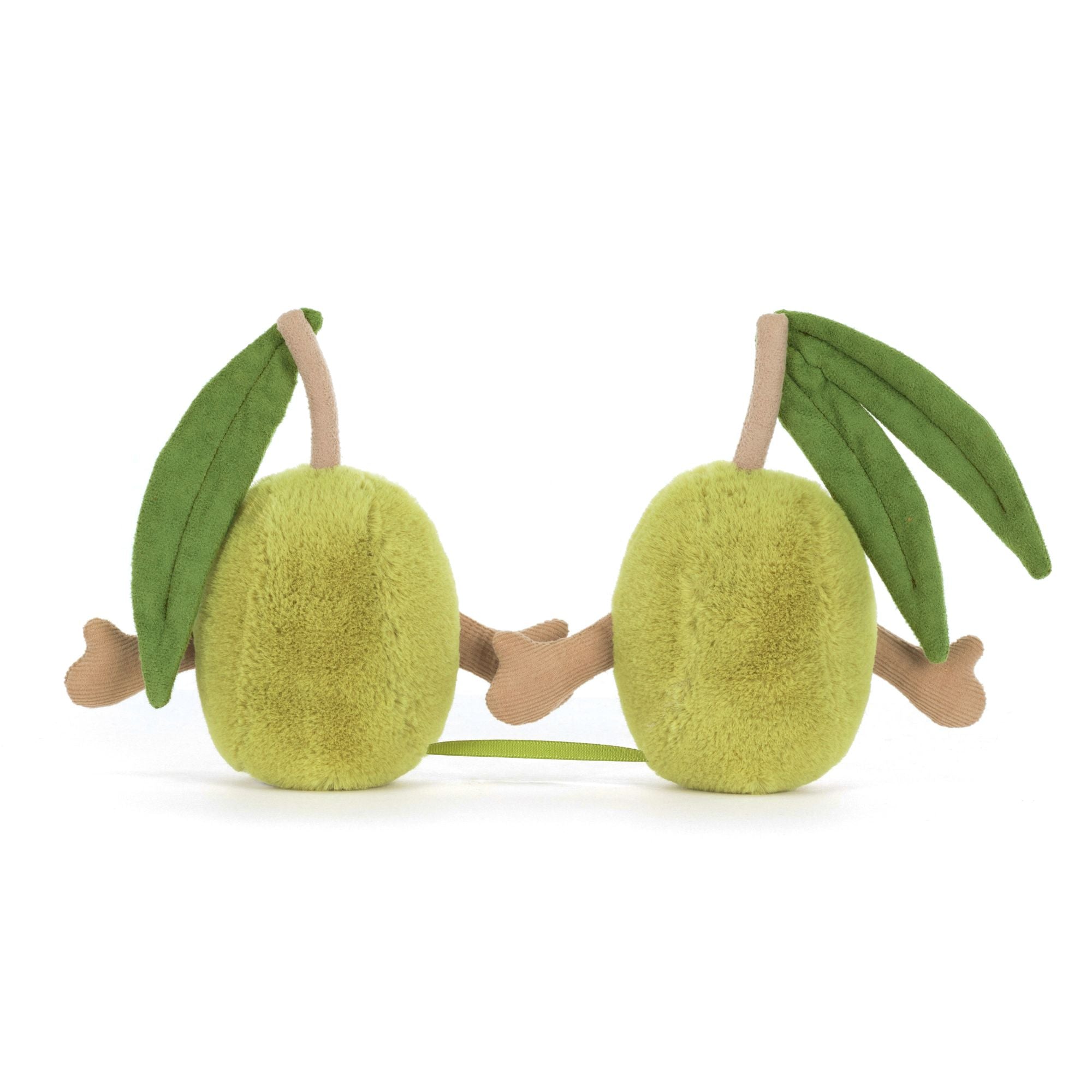 back view of plush toy pair of green olives holding hands and leafy tops on white background
