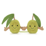plush toy pair of green olives holding hands with smiling faces and leafy tops on white background