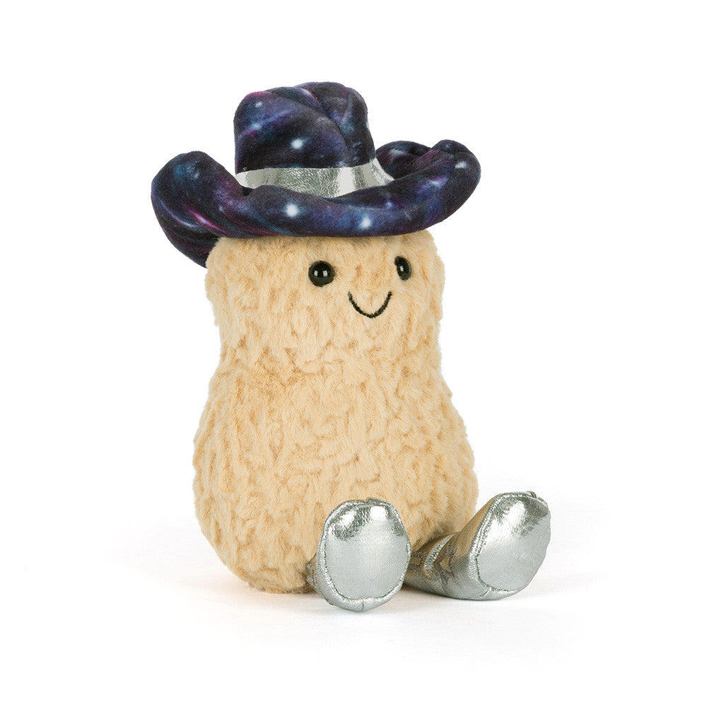 Plush toy smiling peanut with blue galaxy cowboy hat with silver band and silver boots on a white background