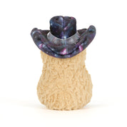 back view of Plush toy smiling peanut with blue galaxy cowboy hat with silver band on a white background