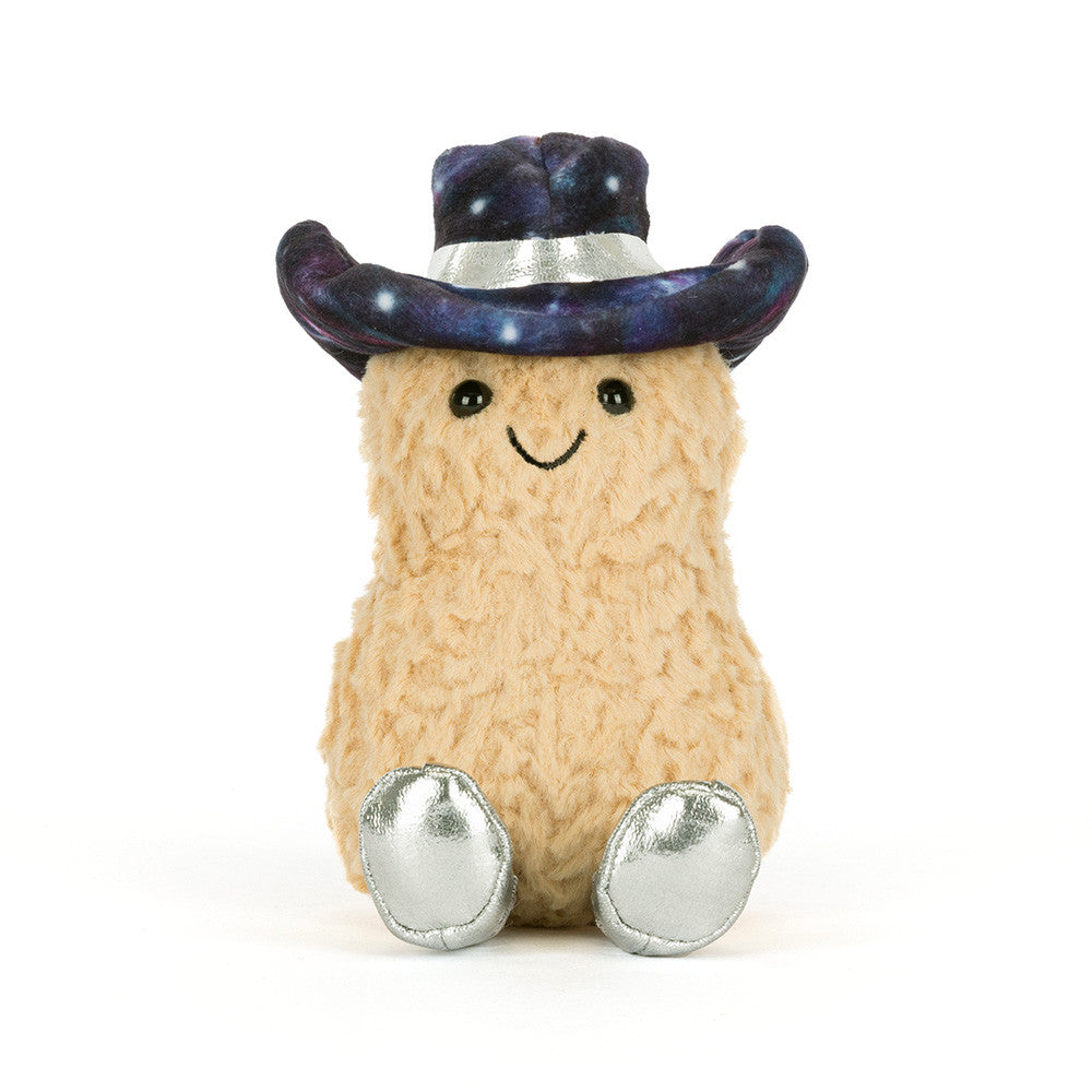 Plush toy smiling peanut with blue galaxy cowboy hat with silver band and silver boots on a white background