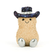Plush toy smiling peanut with blue galaxy cowboy hat with silver band and silver boots on a white background