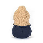 small plush peanut with navy outfit on white background