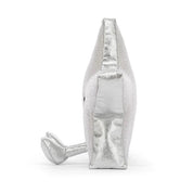 sideview of A silver glittery star-shaped jellycat brand plush toy with a smiling embroidered face and small feet, photographed on a clean white background.