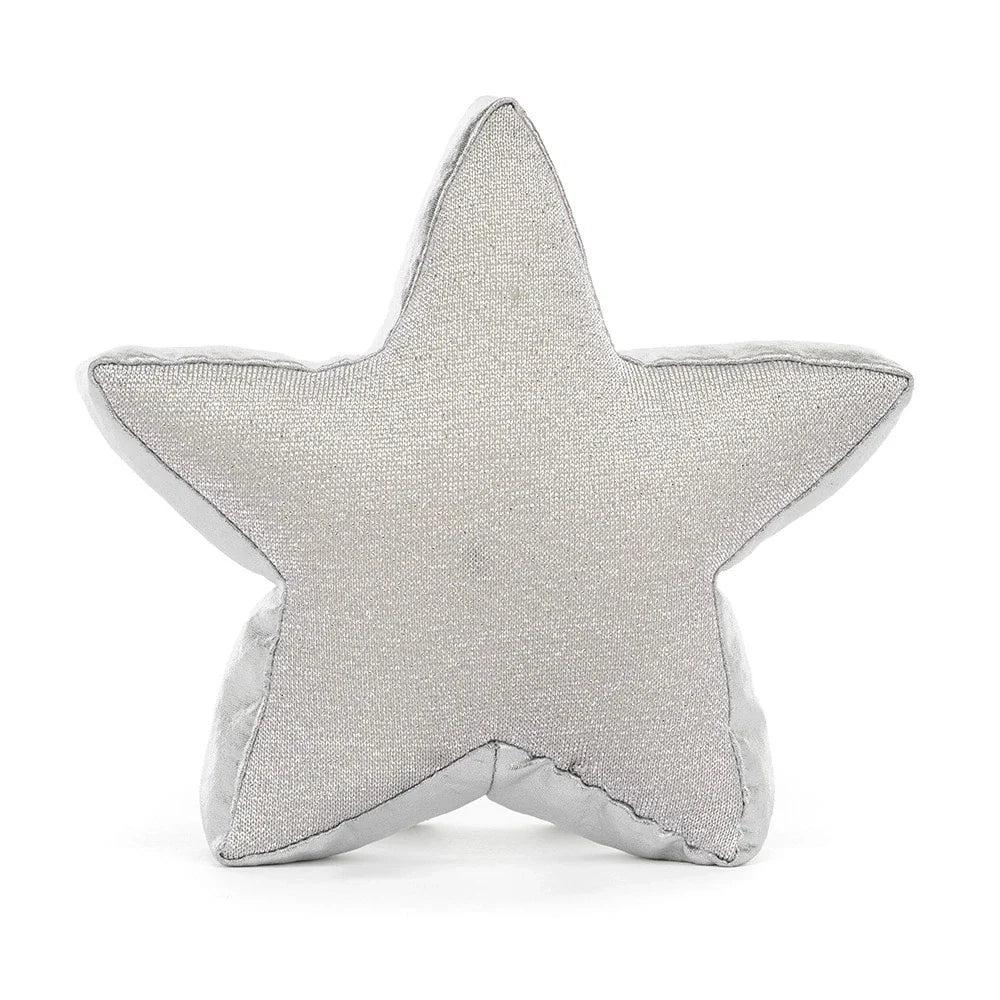 backview of A silver glittery star-shaped jellycat brand plush toy with a smiling embroidered face and small feet, photographed on a clean white background.