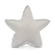 backview of A silver glittery star-shaped jellycat brand plush toy with a smiling embroidered face and small feet, photographed on a clean white background.