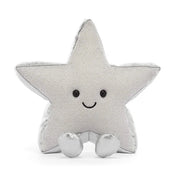 A silver glittery star-shaped jellycat brand plush toy with a smiling embroidered face and small feet, photographed on a clean white background.