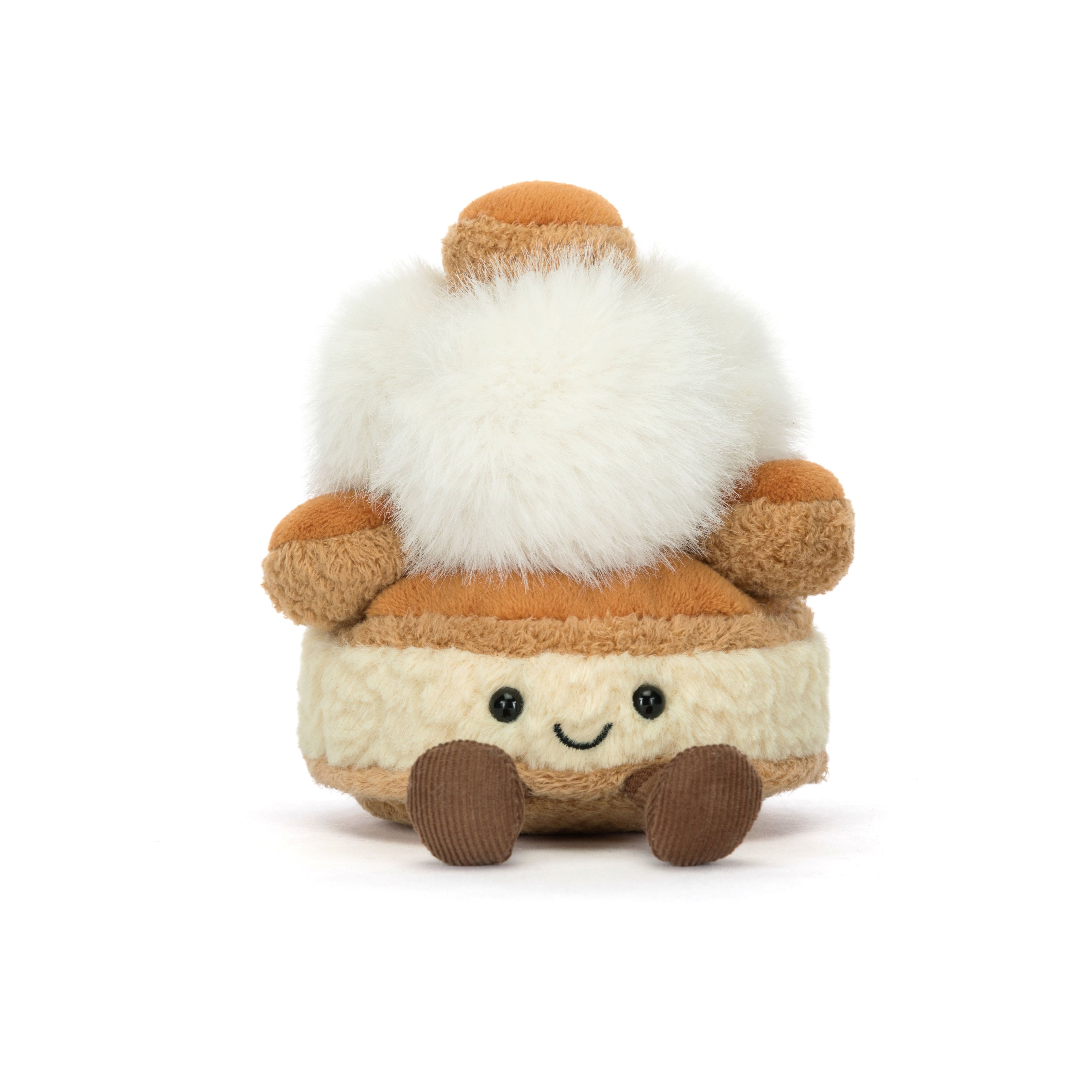 Cute plush toy with a white fluffy top and brown body on a white background