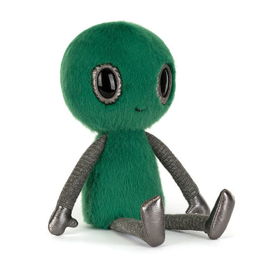 Plush green toy alien with smiling face, big shiny black eyes and shiny silver black limbs on a white background