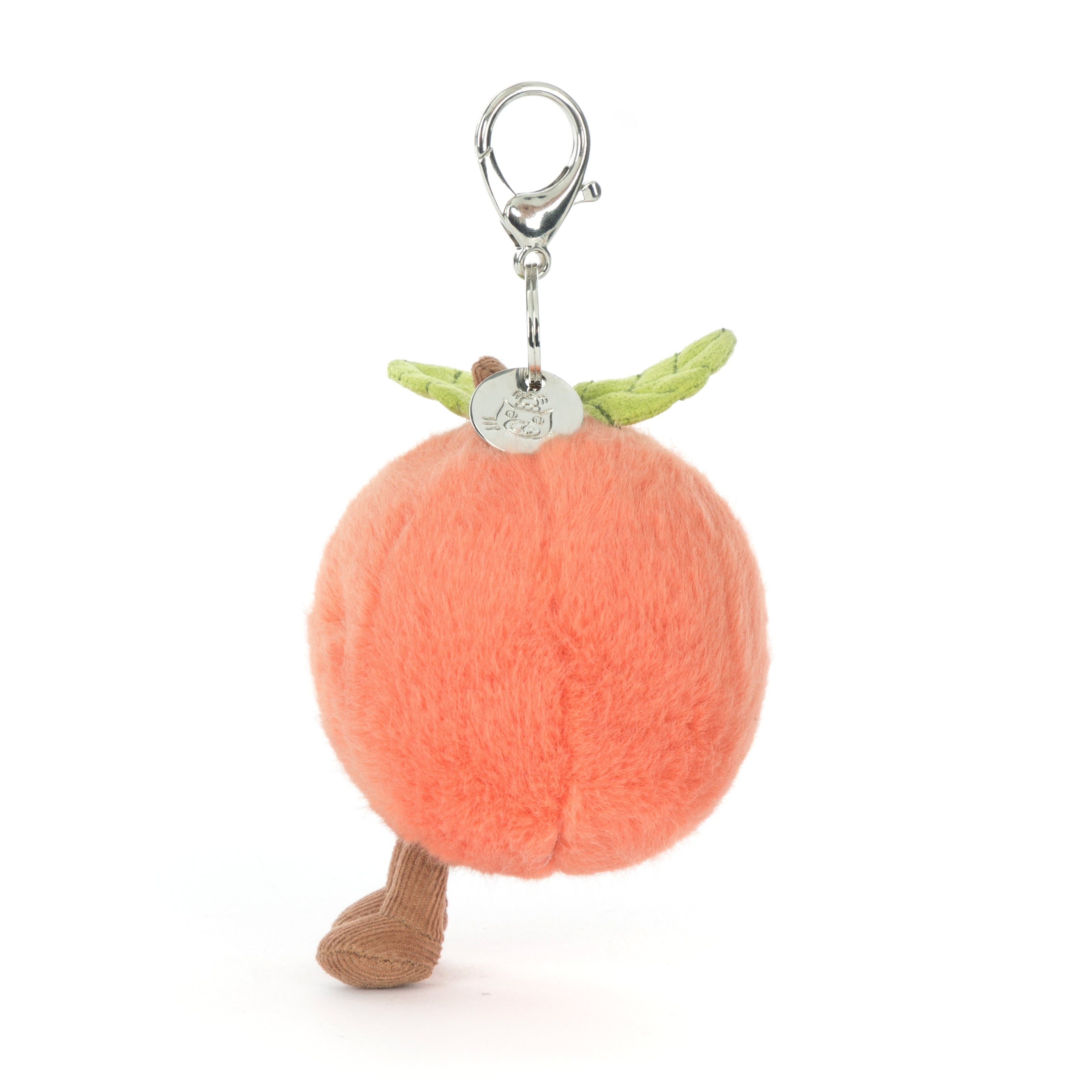 Plush peach keychain with legs and a clip on a white background