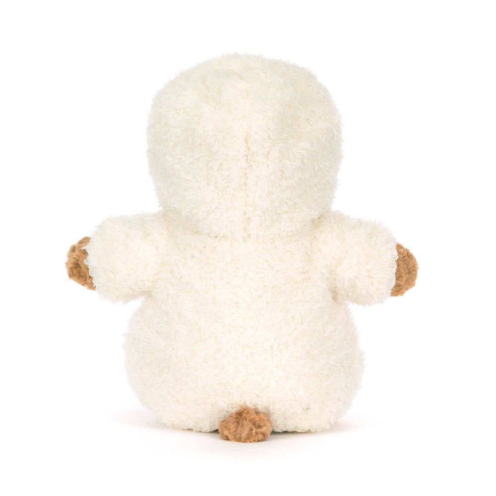 back view of plush bear in white hooded outfit on white background
