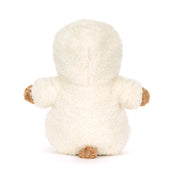 back view of plush bear in white hooded outfit on white background