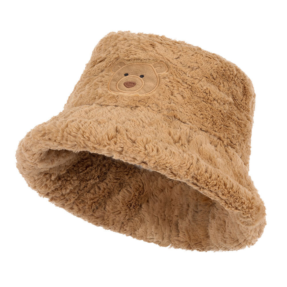 Jellycat brand bartholomew bear brown fuzzy bucket hat with a bear emblem on a white background