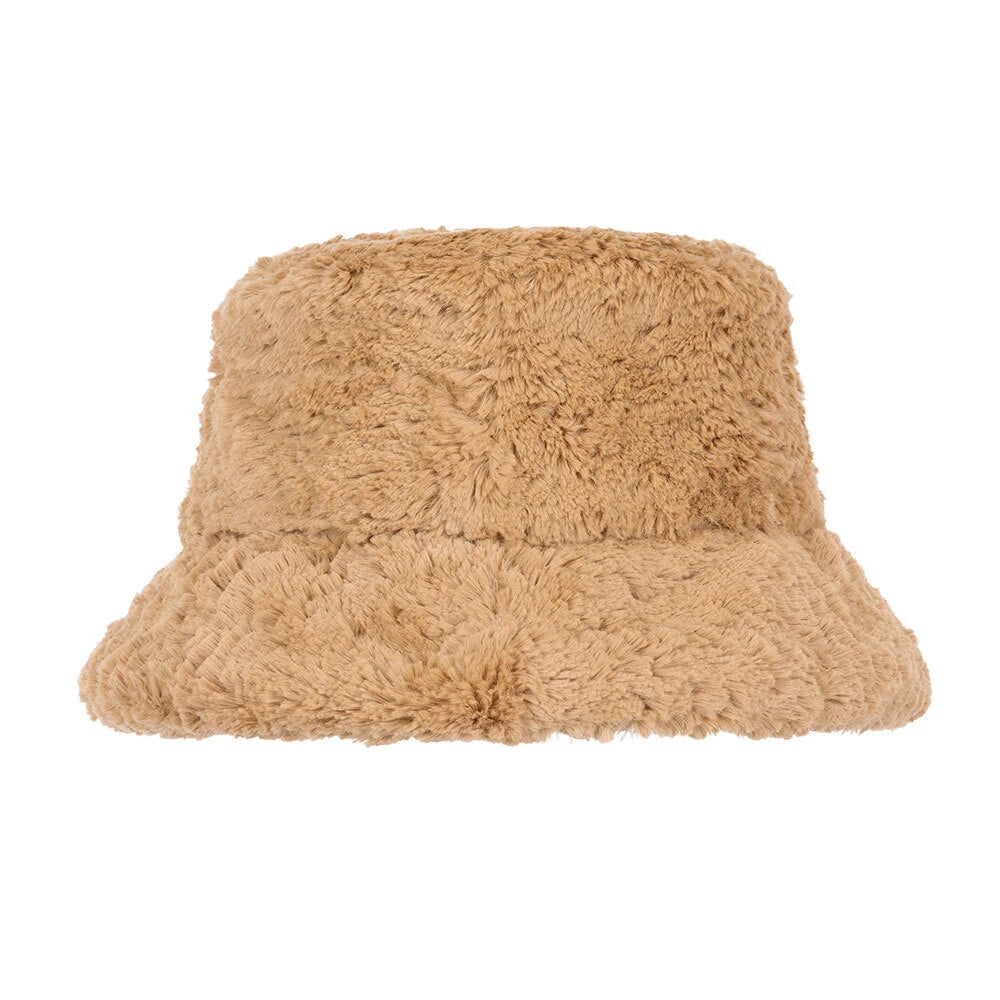 Jellycat brand bartholomew bear brown fuzzy bucket hat with a bear emblem on a white background