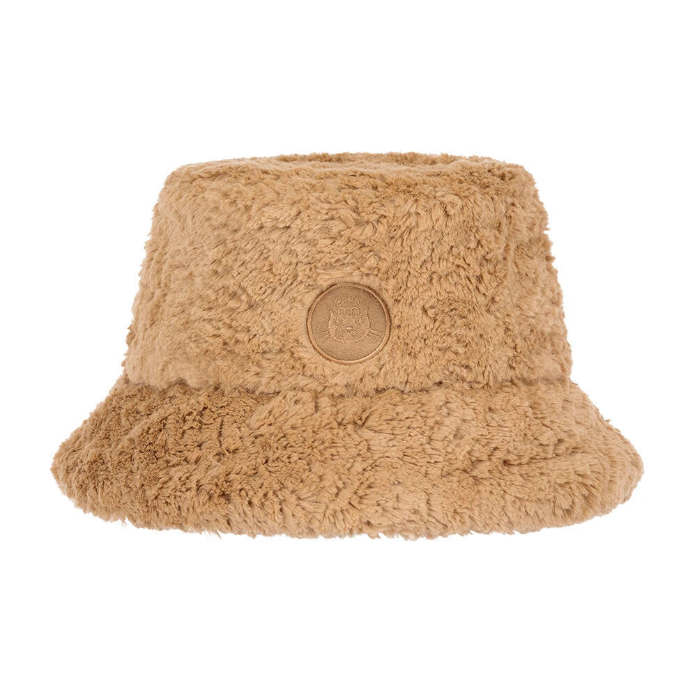 Jellycat brand bartholomew bear brown fuzzy bucket hat with a bear emblem on a white background