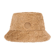 Jellycat brand bartholomew bear brown fuzzy bucket hat with a bear emblem on a white background