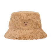 Jellycat brand bartholomew bear brown fuzzy bucket hat with a bear emblem on a white background