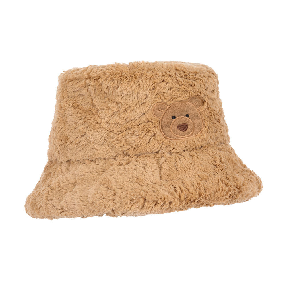 Jellycat brand bartholomew bear brown fuzzy bucket hat with a bear emblem on a white background