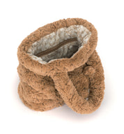A plush, fuzzy brown slouchy handbag with a patterned lining and a zippered closure, shown on a white background.