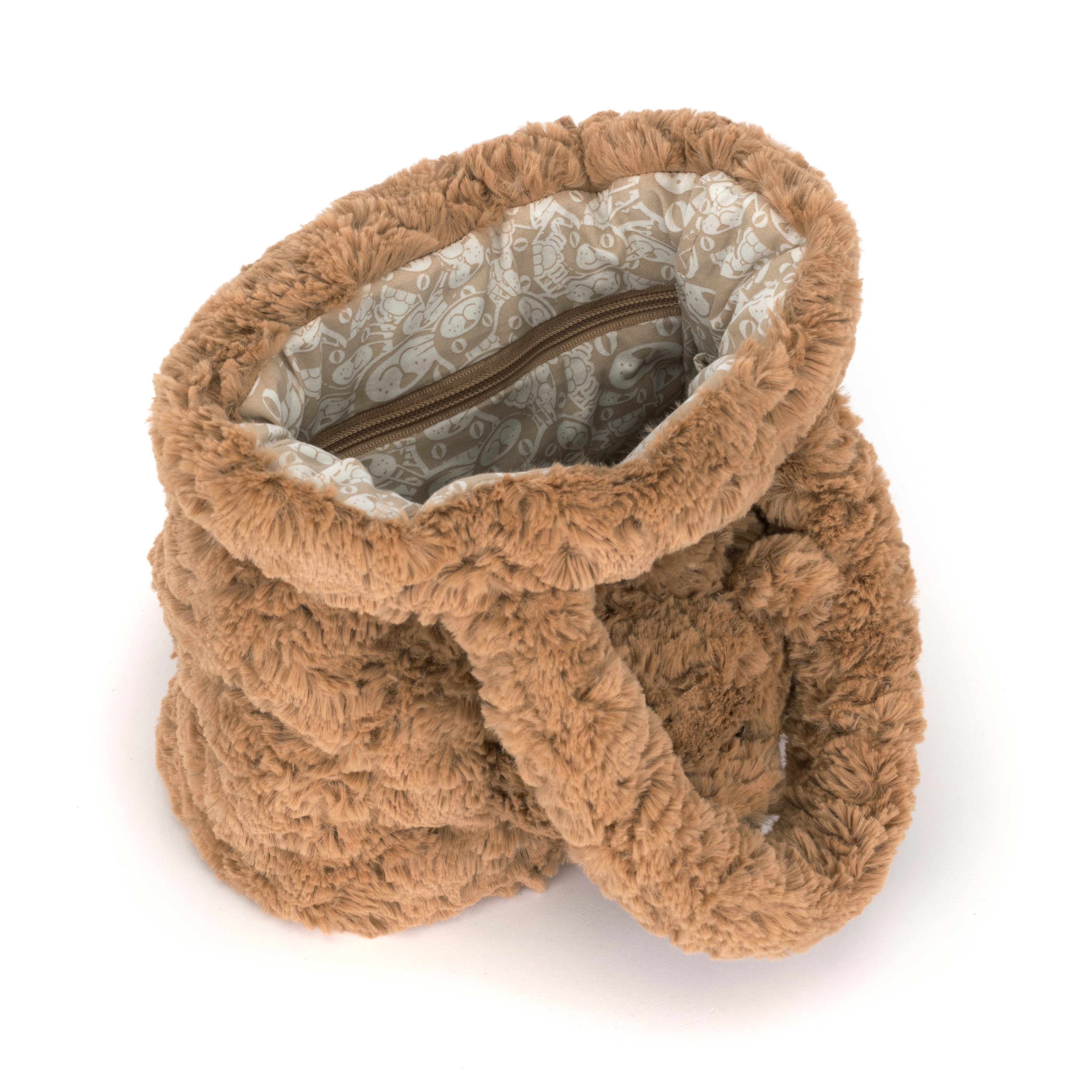 A plush, fuzzy brown slouchy handbag with a patterned lining and a zippered closure, shown on a white background.