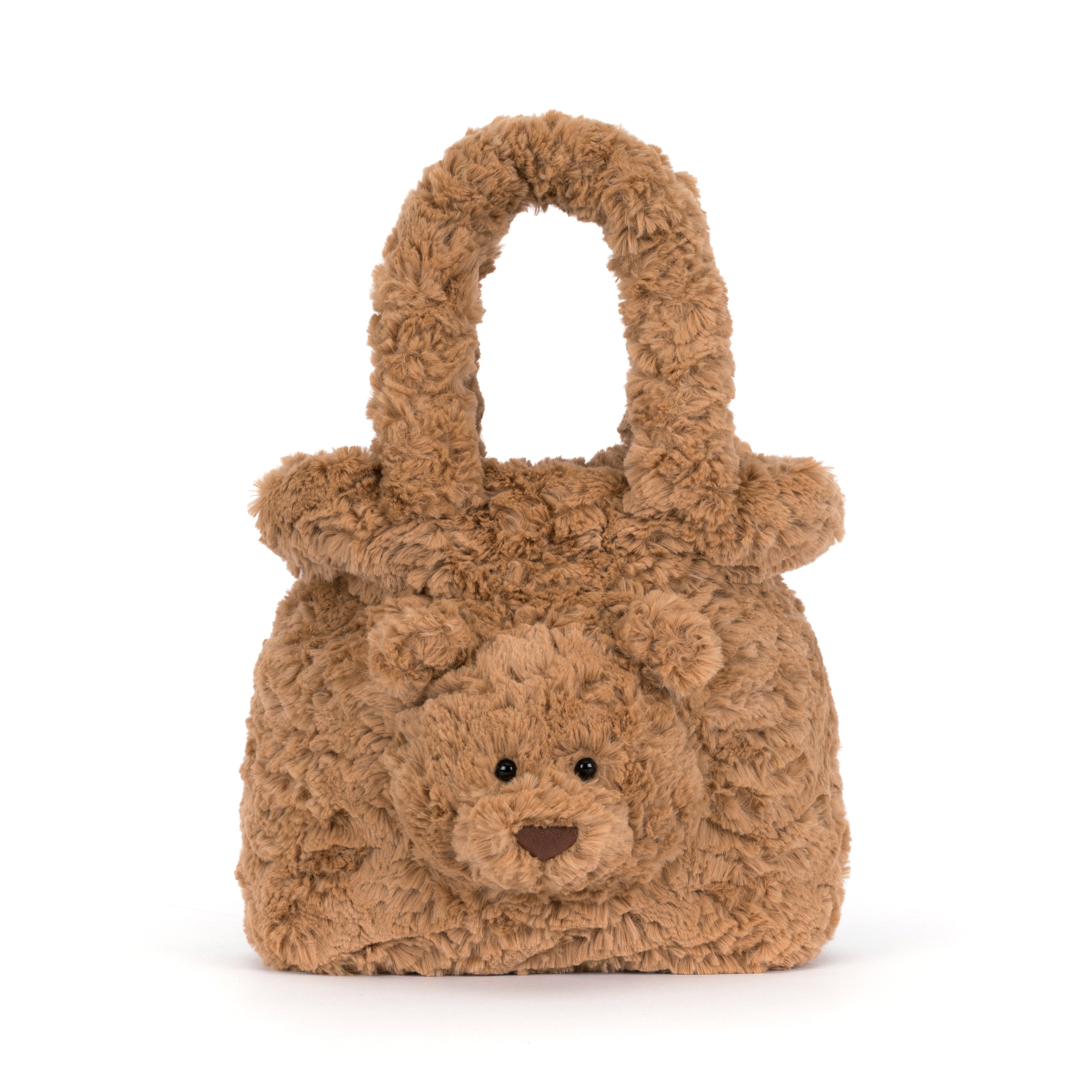 A brown teddy bear-shaped handbag made of curly, textured faux fur, featuring a small embroidered face and roundnded top handles, shown on a plain white background.